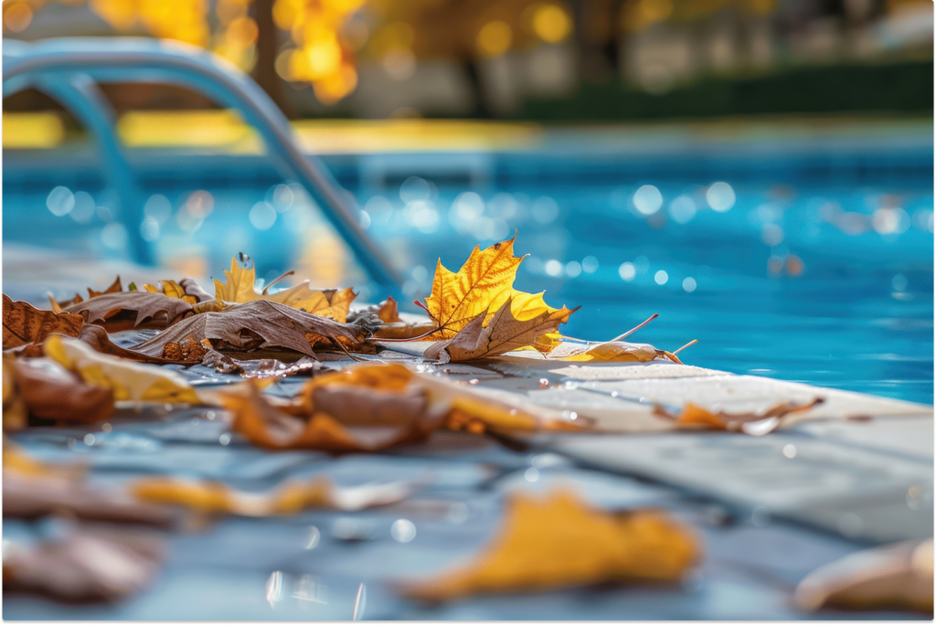 Feuilles d'automne dorées sur margelle de piscine avec eau bleue en arrière-plan flou
