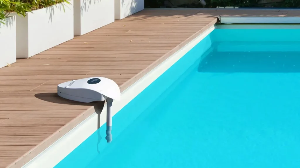 Alarme de sécurité pour piscine installée sur une margelle en bois, avec capteur immergé pour détecter les chutes dans l’eau.