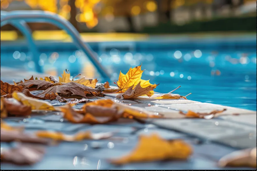 Feuilles d'automne dorées sur margelle de piscine avec eau bleue en arrière-plan